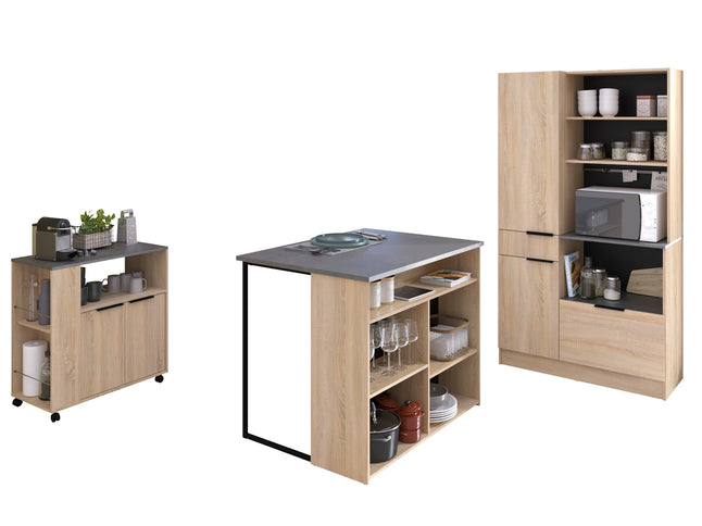 Parisot Buffet Fumay 3 - Küchenbuffet Set -Buffet,Insel & Rollschrank in Eiche & Betonoptik