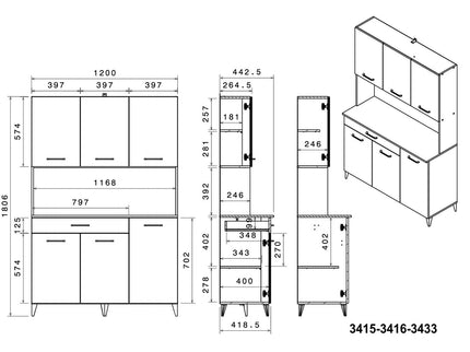 Parisot Buffet Malice 4 - Küchenbuffet in Weiß & Betonoptik mit Insel & Schrank