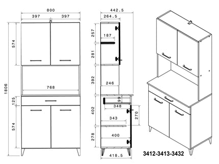 Parisot Buffet Malice 3 - Küchenbuffet Set in Weiß & Betonoptik mit Insel & Schrank