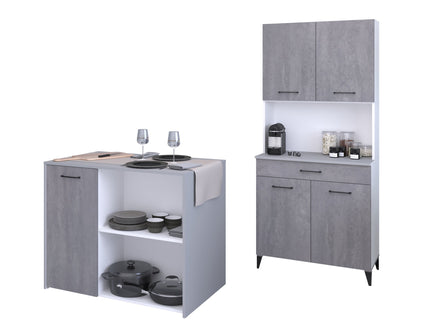 Parisot Buffet Malice 3 - Küchenbuffet Set in Weiß & Betonoptik mit Insel & Schrank