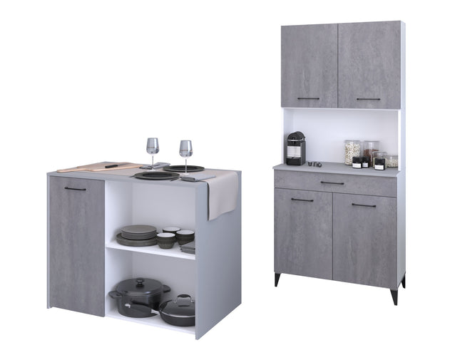 Parisot Buffet Malice 3 - Küchenbuffet Set in Weiß & Betonoptik mit Insel & Schrank