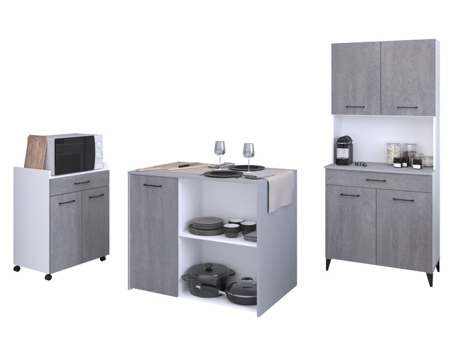 Parisot Buffet Malice 5 - Küchenbuffet Set in Weiß & Betonoptik mit Insel & Schränken