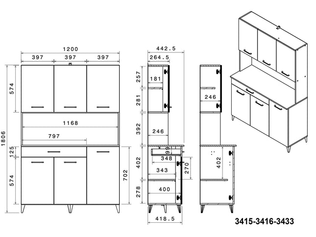 Parisot Buffet Malice 6 - Küchenbuffet Set in Weiß & Betonoptik mit Insel & Schränken