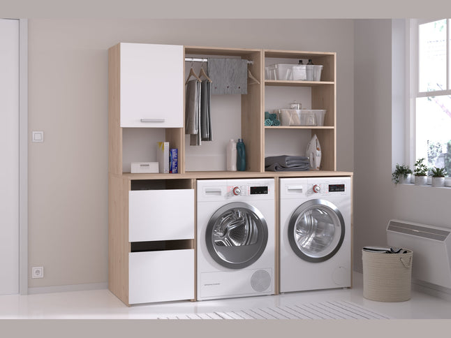 Parisot Laundry 4 Waschmaschinenumbauschrank Set - Weiß & Eiche für Waschküche & Hauswirtschaftsraum