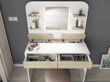 Schminktisch mit LED & Geheimfächern Trasman Secret – Weiß/Eiche Natur