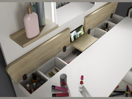 Schminktisch mit LED & Geheimfächern Trasman Secret – Weiß/Eiche Natur