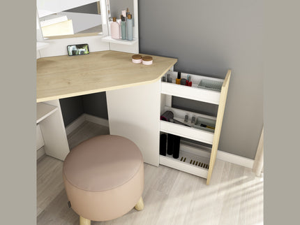 Eck-Schminktisch mit LED & Dreifachspiegel Trasman Chic – Weiß/Eiche Natur