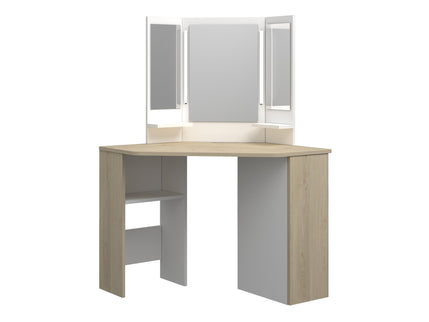 Eck-Schminktisch mit LED & Dreifachspiegel Trasman Chic – Weiß/Eiche Natur