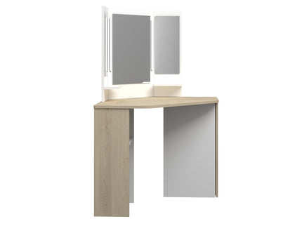 Eck-Schminktisch mit LED & Dreifachspiegel Trasman Chic – Weiß/Eiche Natur