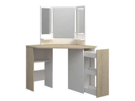 Eck-Schminktisch mit LED & Dreifachspiegel Trasman Chic – Weiß/Eiche Natur