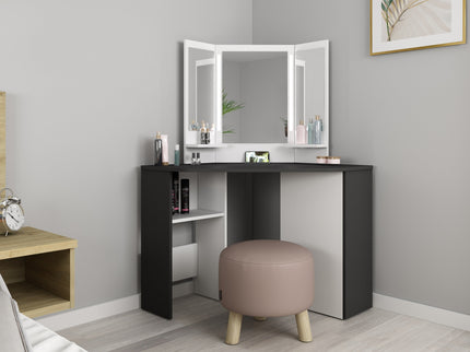 Eck-Schminktisch mit LED & Dreifachspiegel Trasman Chic – Weiß/Grau