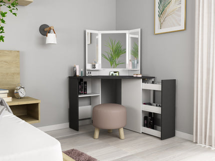 Eck-Schminktisch mit LED & Dreifachspiegel Trasman Chic – Weiß/Grau