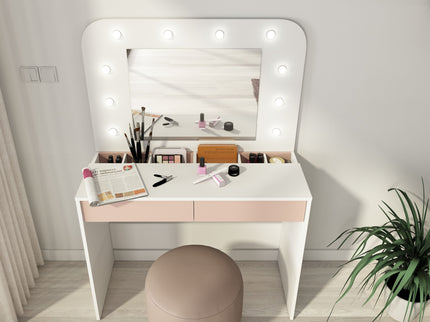 Schminktisch mit LED & Spiegel Trasman Hollywood – Weiß/Altrosa