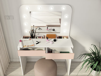 Schminktisch mit LED & Spiegel Trasman Hollywood – Weiß/Altrosa