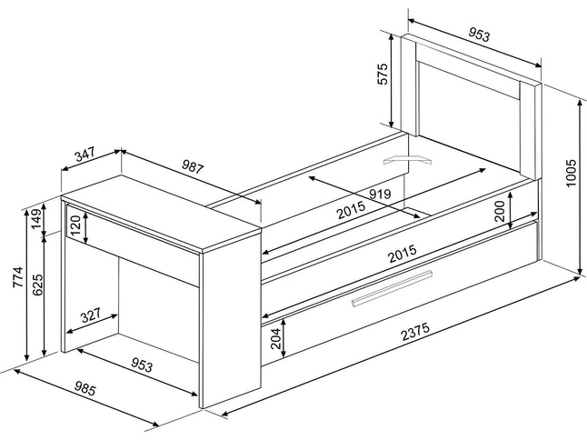 Kompaktbett mit Schreibtisch & Ausziehbett Trasman Shipley – 90x200 cm - Weiß/Cascina