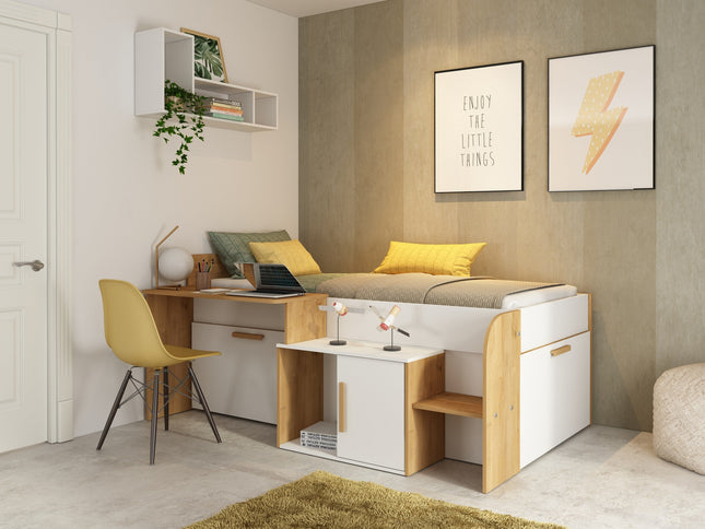 Einzelbett mit Schreibtisch & Stauraum Trasman Sacha – 90x200 cm - Weiß/Hamilton Eiche