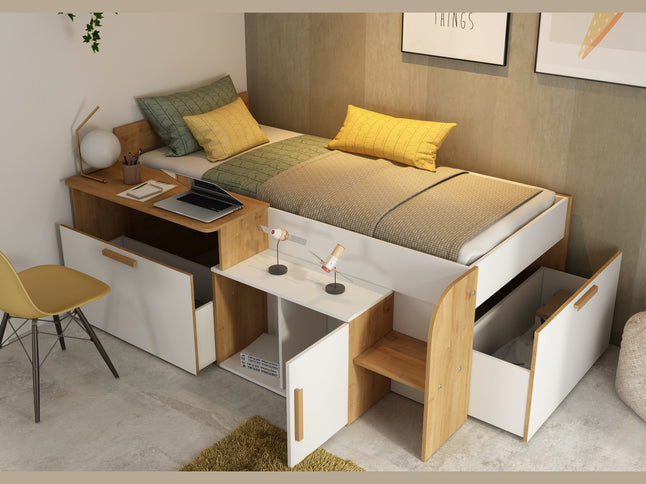 Einzelbett mit Schreibtisch & Stauraum Trasman Sacha – 90x200 cm - Weiß/Hamilton Eiche