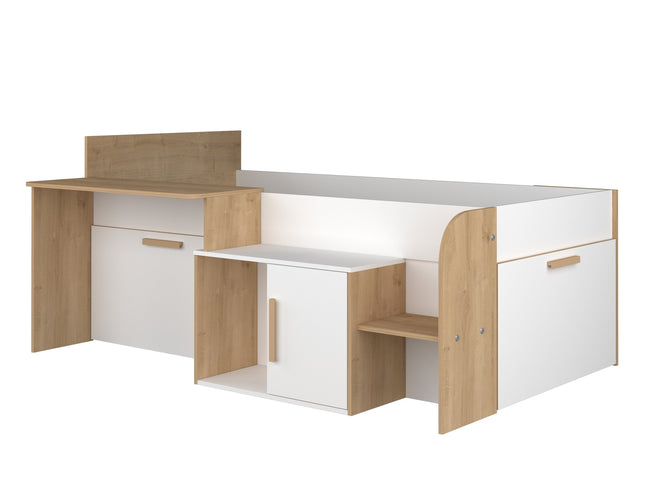 Einzelbett mit Schreibtisch & Stauraum Trasman Sacha – 90x200 cm - Weiß/Hamilton Eiche
