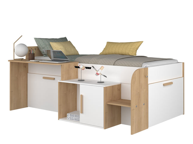 Einzelbett mit Schreibtisch & Stauraum Trasman Sacha – 90x200 cm - Weiß/Hamilton Eiche