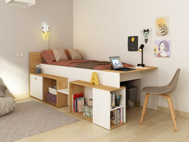 Stauraumbett mit Schreibtisch - Trasman Gaby – 90x200 cm - Weiß/Hamilton Eiche