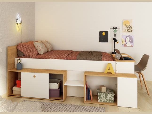 Stauraumbett mit Schreibtisch - Trasman Gaby – 90x200 cm - Weiß/Hamilton Eiche