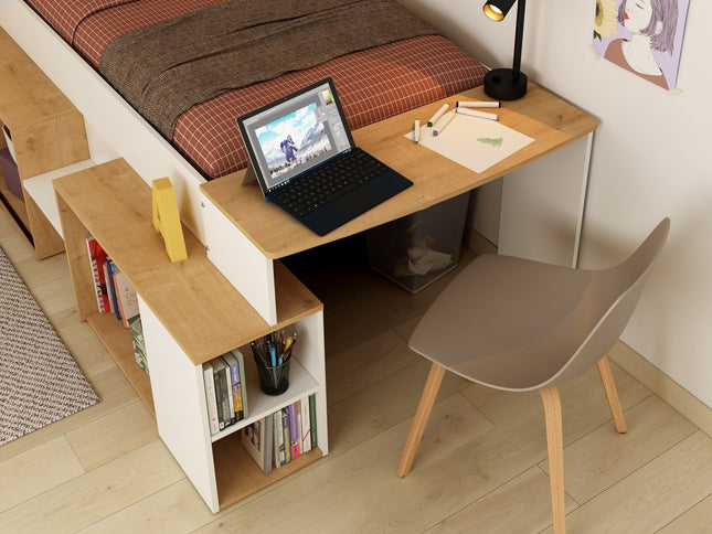Stauraumbett mit Schreibtisch - Trasman Gaby – 90x200 cm - Weiß/Hamilton Eiche