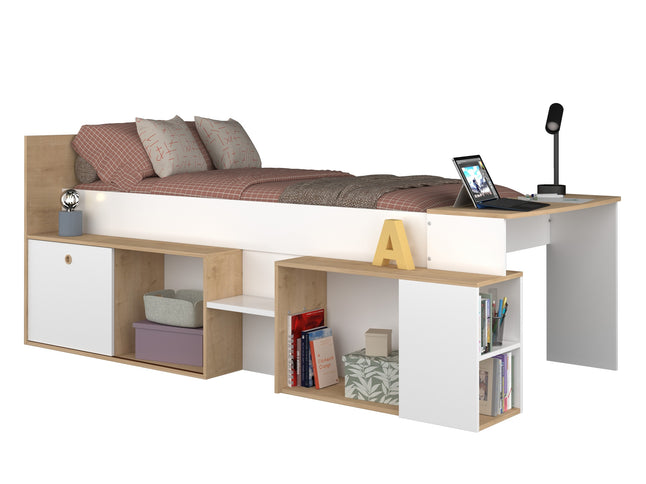 Stauraumbett mit Schreibtisch - Trasman Gaby – 90x200 cm - Weiß/Hamilton Eiche