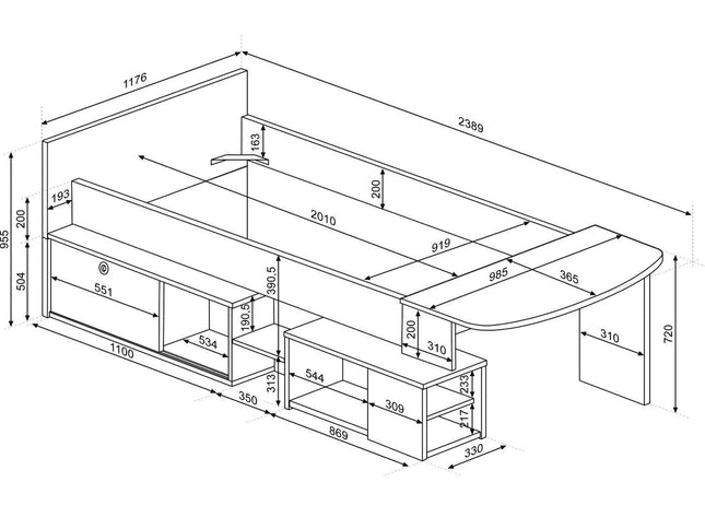 Stauraumbett mit Schreibtisch - Trasman Gaby – 90x200 cm - Weiß/Hamilton Eiche