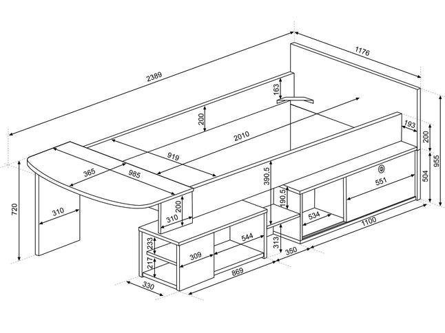 Stauraumbett mit Schreibtisch - Trasman Gaby – 90x200 cm - Weiß/Hamilton Eiche