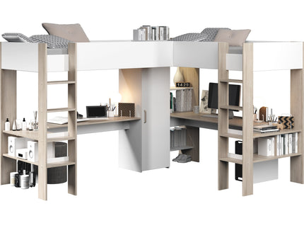 Parisot Eck-Hochbett Alex mit zwei Liegeflächen 90x200 und 2 integrierten Schreibtischen