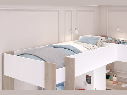 Parisot Eck-Hochbett Alex mit zwei Liegeflächen 90x200 und 2 integrierten Schreibtischen