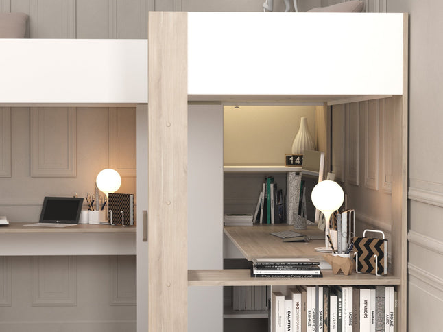 Parisot Eck-Hochbett Alex mit zwei Liegeflächen 90x200 und 2 integrierten Schreibtischen