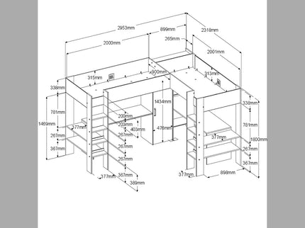 Parisot Eck-Hochbett Alex mit zwei Liegeflächen 90x200 und 2 integrierten Schreibtischen