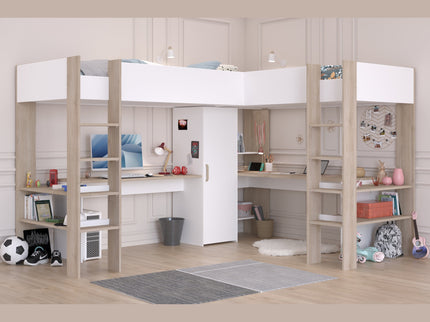 Parisot Eck-Hochbett Alex mit zwei Liegeflächen 90x200 und 2 integrierten Schreibtischen