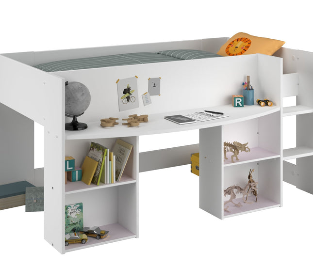 Parisot Hochbett Pirouette 1 - 90x200 mit integriertem Schreibtisch & Regalen – Weiß/Rosa oder Grau