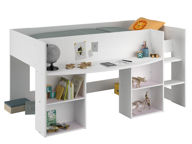 Parisot Hochbett Pirouette 1 - 90x200 mit integriertem Schreibtisch & Regalen – Weiß/Rosa oder Grau