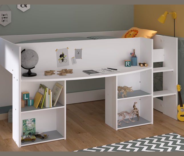 Parisot Hochbett Pirouette 1 - 90x200 mit integriertem Schreibtisch & Regalen – Weiß/Rosa oder Grau