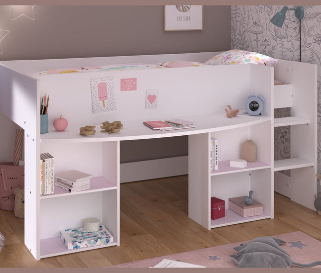 Parisot Hochbett Pirouette 1 - 90x200 mit integriertem Schreibtisch & Regalen – Weiß/Rosa oder Grau