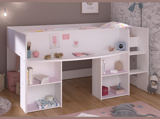 Parisot Hochbett Pirouette 1 - 90x200 mit integriertem Schreibtisch & Regalen – Weiß/Rosa oder Grau