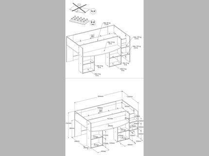 Parisot Hochbett Pirouette 1 – Hochbett mit integriertem Schreibtisch – Weiß Rosa/Grau #