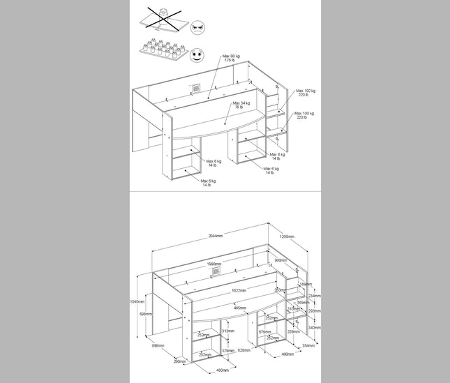 Parisot Hochbett Pirouette 1 - 90x200 mit integriertem Schreibtisch & Regalen – Weiß/Rosa oder Grau