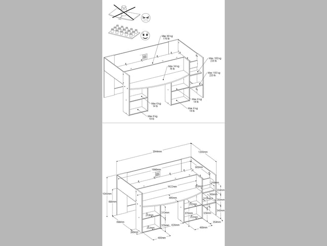 Parisot Hochbett Pirouette 1 - 90x200 mit integriertem Schreibtisch & Regalen – Weiß/Rosa oder Grau