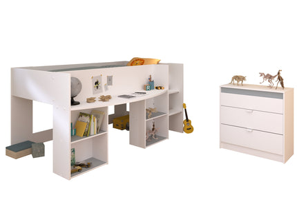 Parisot Kinderzimmer-Set Pirouette 16 – 2 tlg. Hochbett mit Schreibtisch & Kommode in Weiß/Rosa oder Grau
