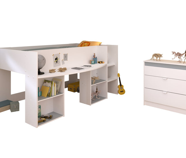 Parisot Kinderzimmer-Set Pirouette 16 – 2 tlg. Hochbett mit Schreibtisch & Kommode in Weiß/Rosa oder Grau