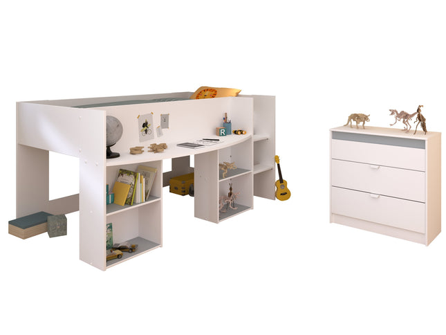 Parisot Kinderzimmer-Set Pirouette 16 – 2 tlg. Hochbett mit Schreibtisch & Kommode in Weiß/Rosa oder Grau