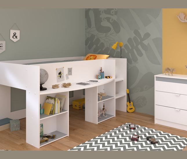 Parisot Kinderzimmer-Set Pirouette 16 – 2 tlg. Hochbett mit Schreibtisch & Kommode in Weiß/Rosa oder Grau