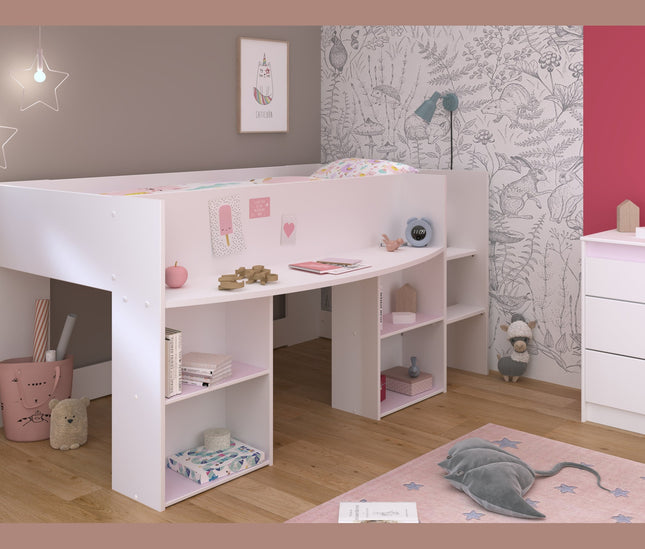 Parisot Kinderzimmer-Set Pirouette 16 – 2 tlg. Hochbett mit Schreibtisch & Kommode in Weiß/Rosa oder Grau