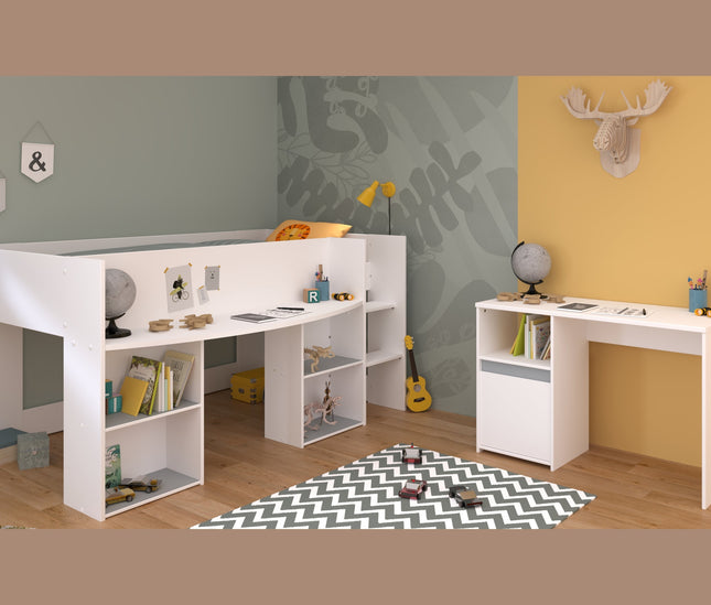 Parisot Kinderzimmer-Set Pirouette 17 – 2 tlg. Hochbett mit Schreibtisch & Kommode in Weiß/Rosa oder Grau