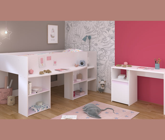 Parisot Kinderzimmer-Set Pirouette 17 – 2 tlg. Hochbett mit Schreibtisch & Kommode in Weiß/Rosa oder Grau