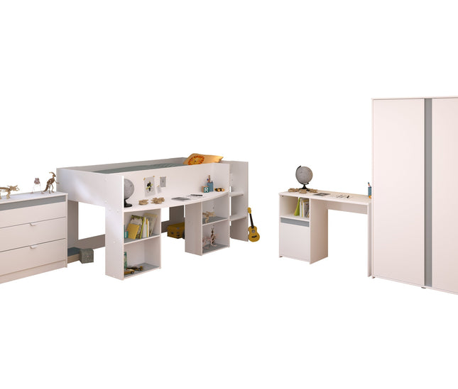 Parisot Kinderzimmer-Set Pirouette 11 – 4 tlg. Hochbett, Schreibtisch, Kleiderschrank & Kommode – Weiß Rosa/Grau